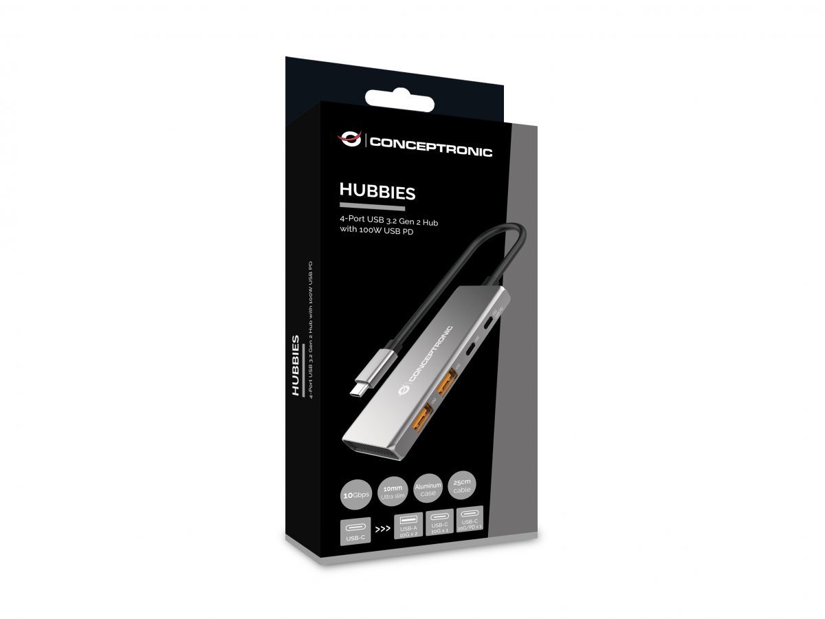 Conceptronic  HUBBIES15G 4-Port USB3.2 Gen 2 Hub Grey