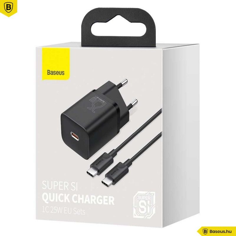 Baseus Super Si USB-C hálózati gyorstöltő 25W USB-C/USB-C kábellel Black