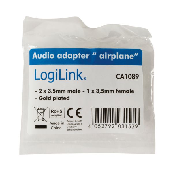 Logilink Audio adapter, 2x 3.5 mm 2-Pin/M to 3.5 mm 3-Pin/F 90° angled Black