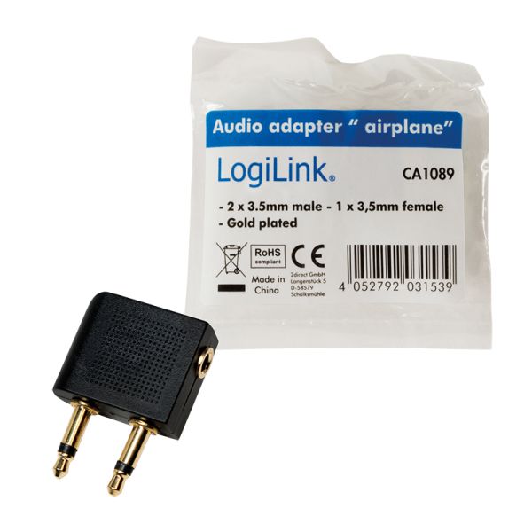 Logilink Audio adapter, 2x 3.5 mm 2-Pin/M to 3.5 mm 3-Pin/F 90° angled Black