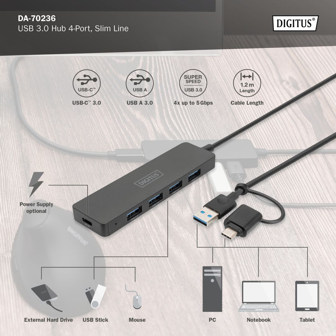 Digitus DA-70236 4-Port USB 3.0 Black