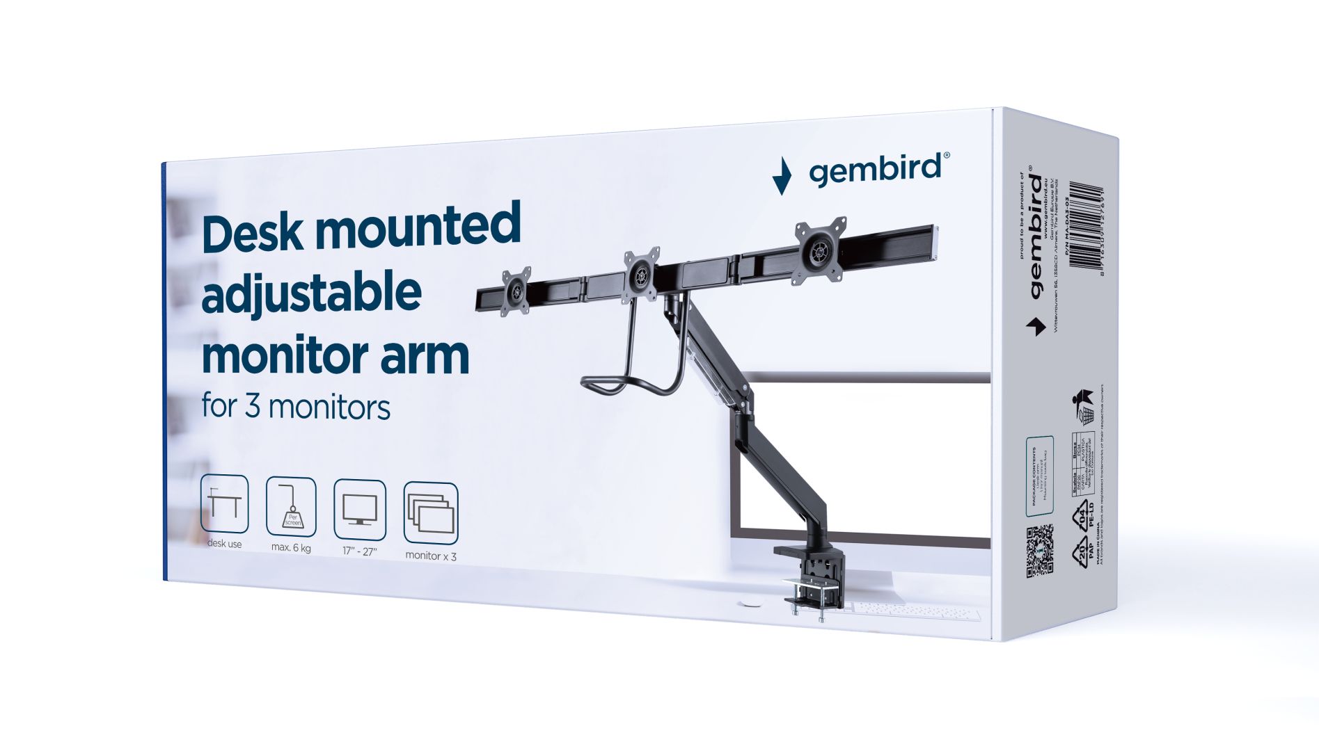 Gembird MA-DA3-03 Desk mounted adjustable monitor arm for 3 monitors 17"-27" Black