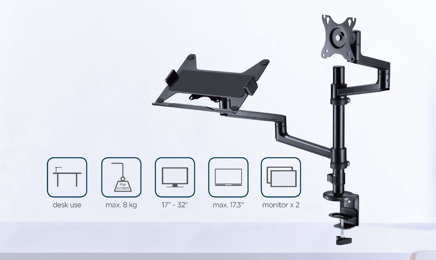 Gembird MA-DA-04 Desk mounted adjustable monitor arm with notebook tray 17"-32" Black