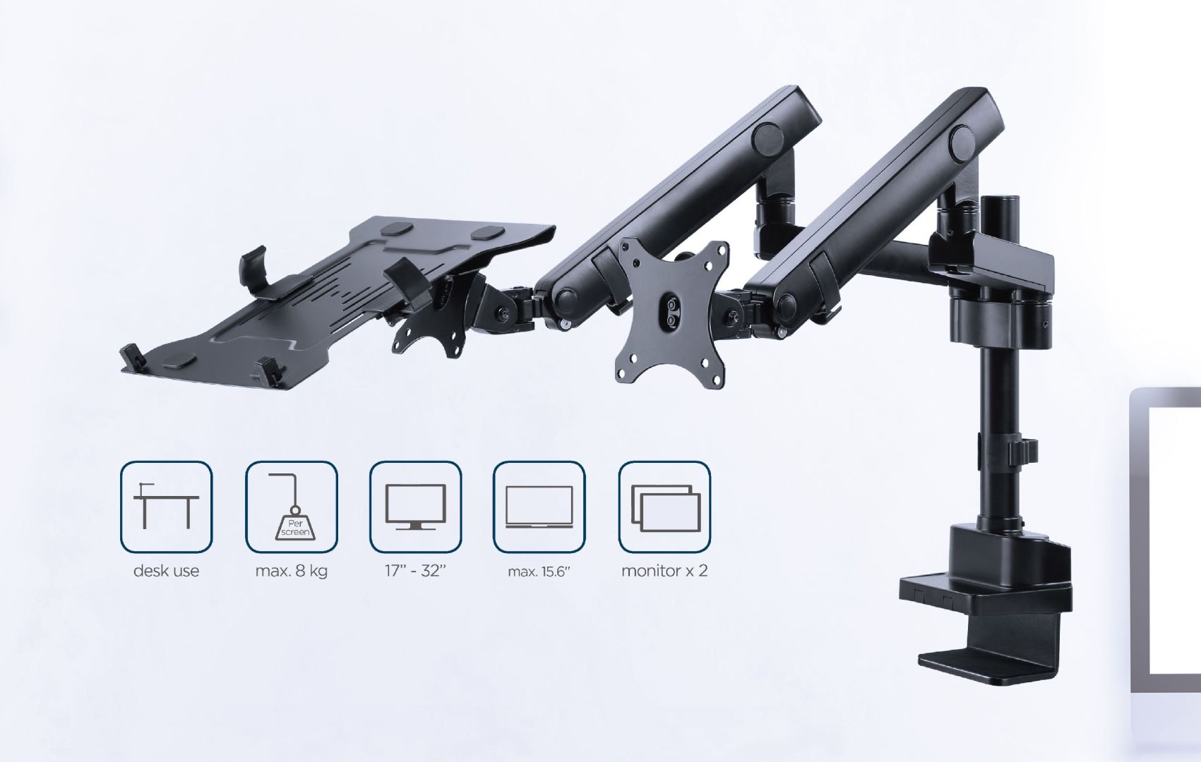 Gembird MA-DA3-02 Desk mounted adjustable monitor arm with notebook tray (full-motion) 17"-32" Black