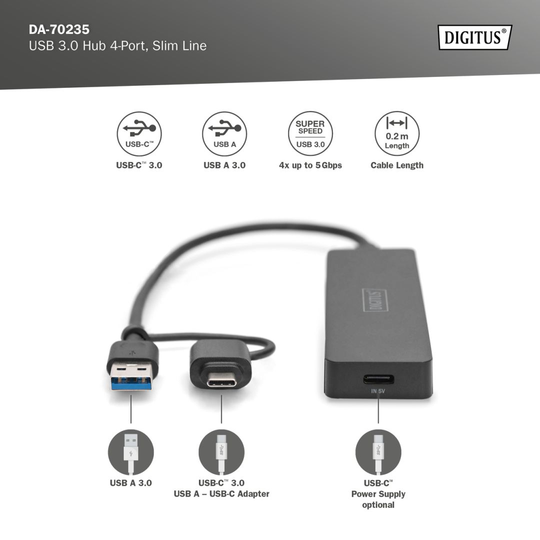 Digitus USB 3.0 Hub 4-Port Slim Line Black