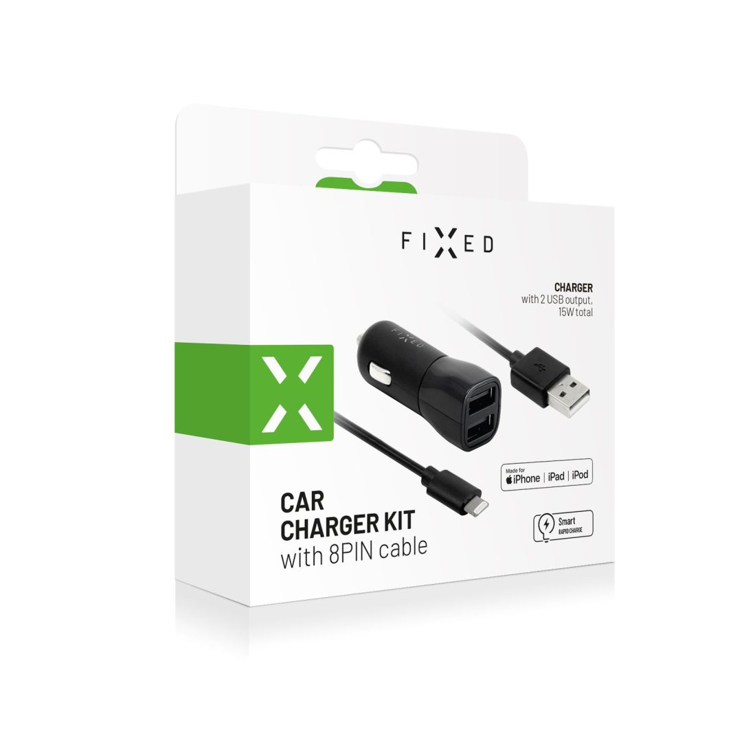 FIXED Dual USB Car Charger 15W + USB/Lightning Cable Black