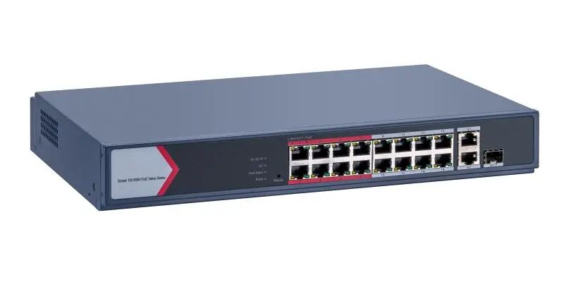 Hikvision 18 portos PoE switch (130 W); 16 PoE + 1 kombinált uplink port + 1 uplink port; menedzselhető