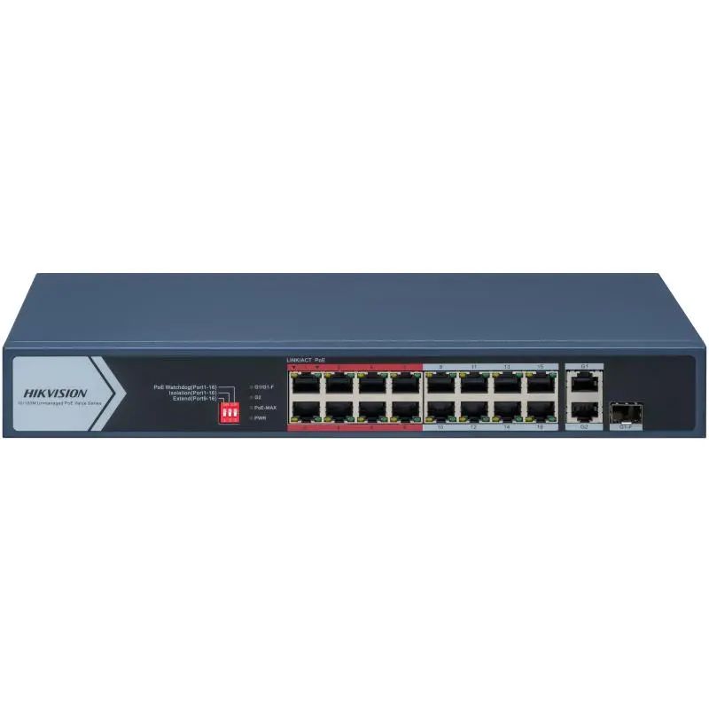 Hikvision 18 portos PoE switch (130 W); 16 PoE + 1 RJ45 uplink port + 1 kombinált uplink; menedzselhető