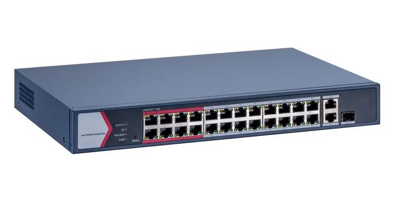 Hikvision 26 portos PoE switch (230 W); 24 PoE + 1 kombinált uplink port + 1 uplink port; menedzselhető