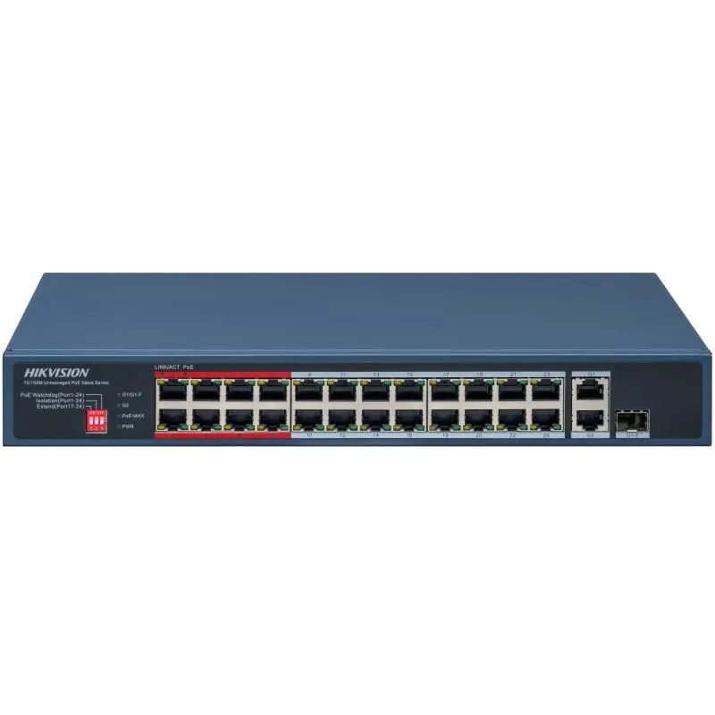 Hikvision 26 portos PoE switch (230 W); 24 PoE + 1 RJ45 uplink port + 1 kombinált uplink; menedzselhető