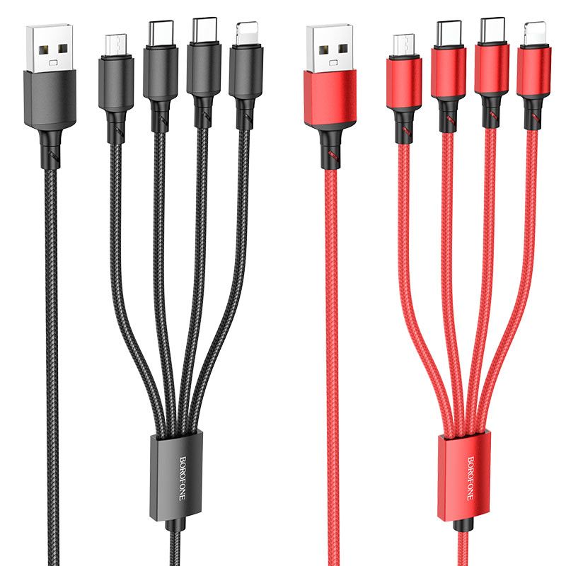 BOROFONE USB-A to 2xUSB-C, micro USB, Lightning male/male cable 1m Black