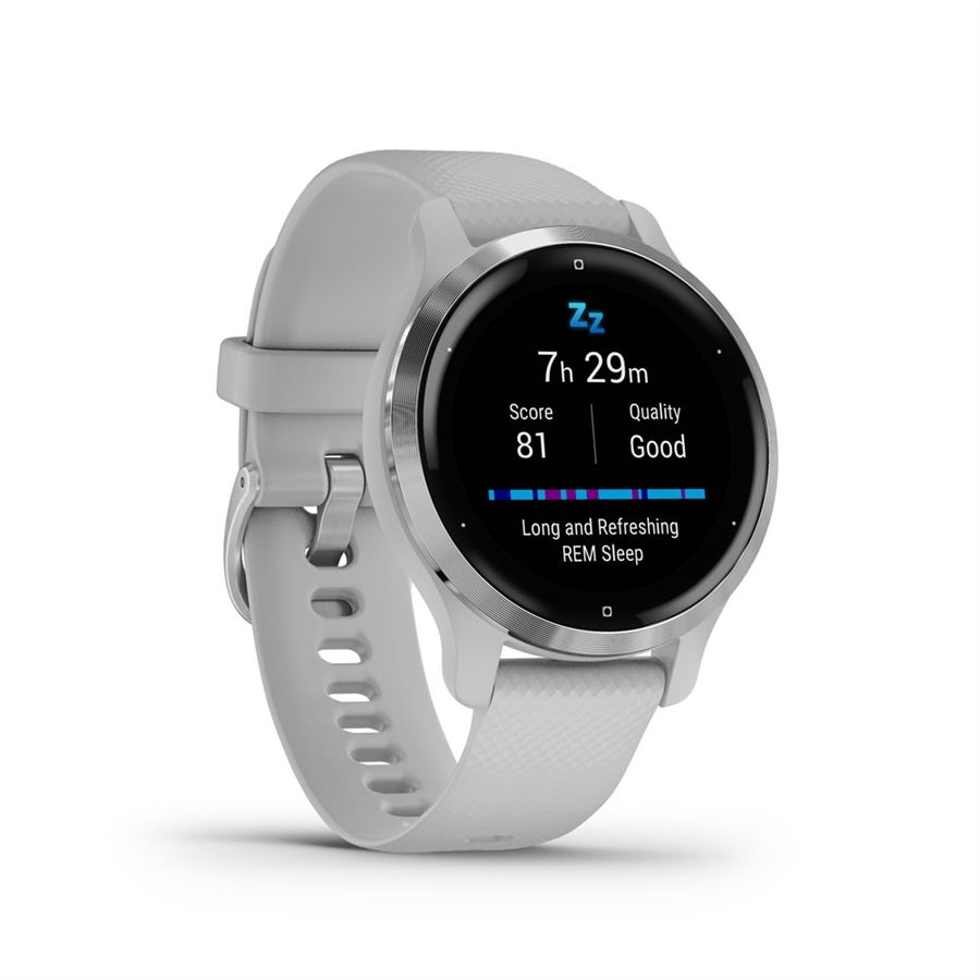 Garmin Venu 2S Silver Stainless Steel Bezel with Mist Gray Case and Silicone Band