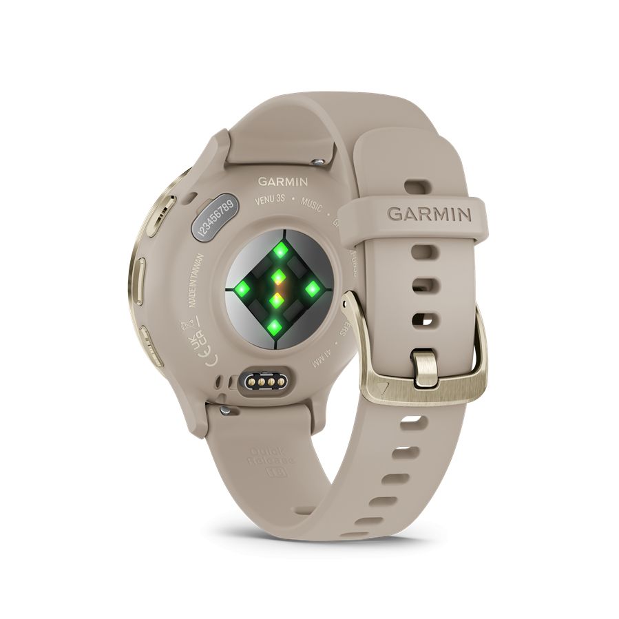 Garmin Venu 3S Soft Gold Stainless Steel Bezel with French Gray Case and Silicone Band