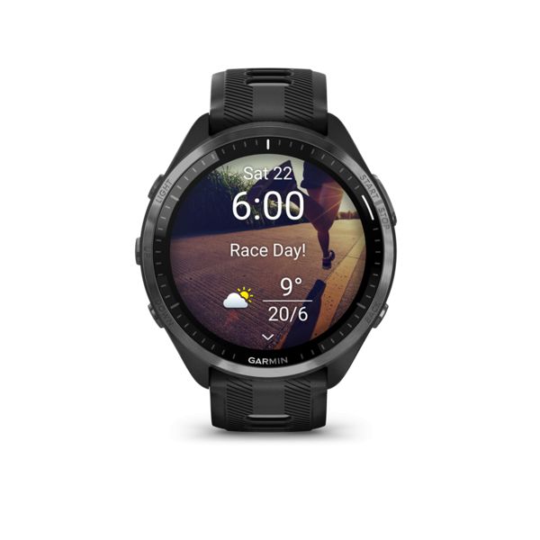 Garmin Forerunner 965 Carbon Grey DLC Titanium Bezel with Black Case and Black/Powder Grey Silicone Band