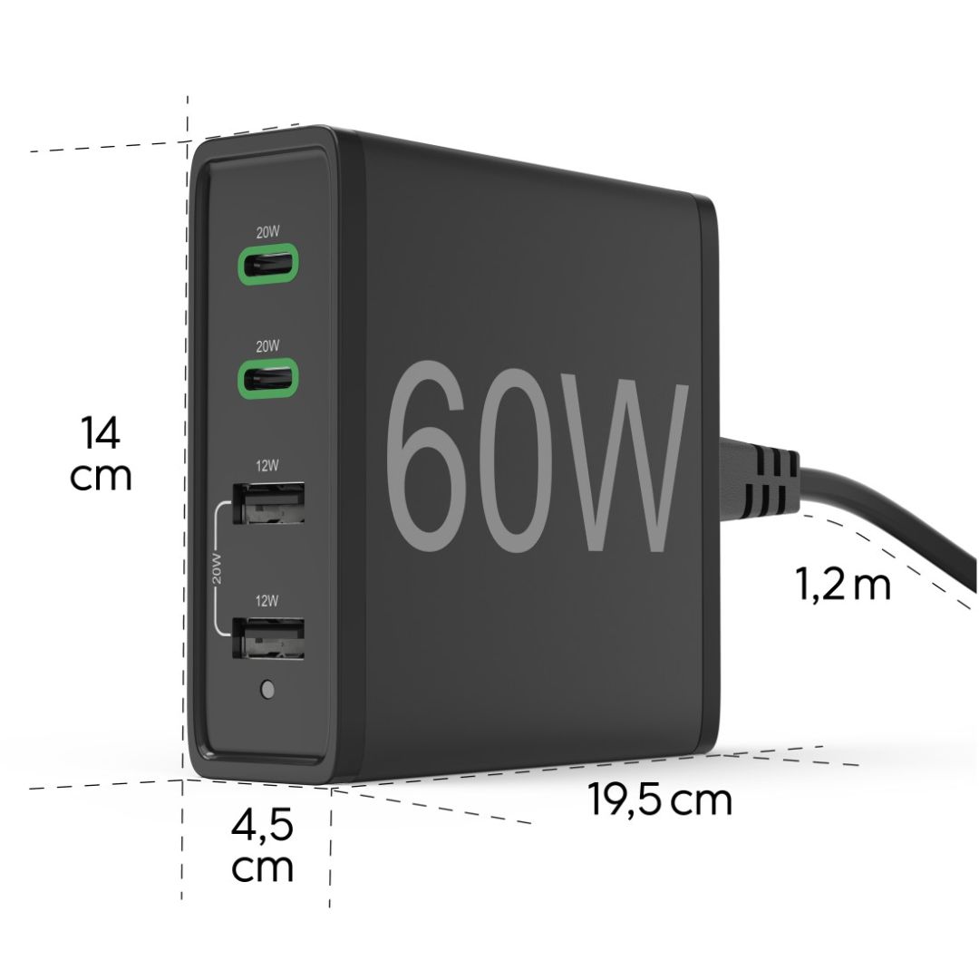 Hama Hálózati Töltő Állomás 4 port QC/PD 60W Black