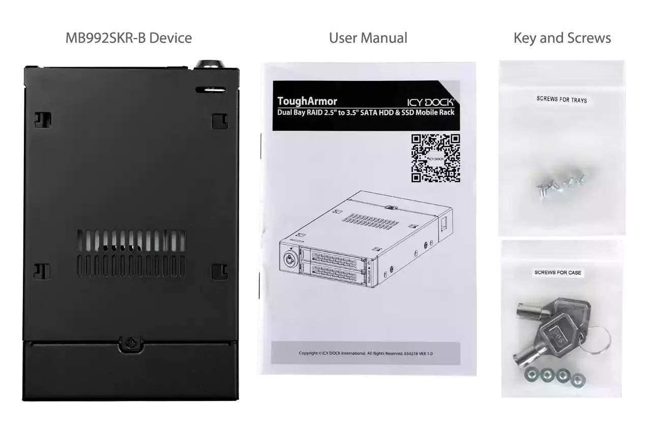 IcyDock ToughArmor RAID MB992SKR-B Rugged Full Metal Dual Bay RAID 2.5” SATA HDD & SSD Mobile Rack for External 3.5" Drive Bay
