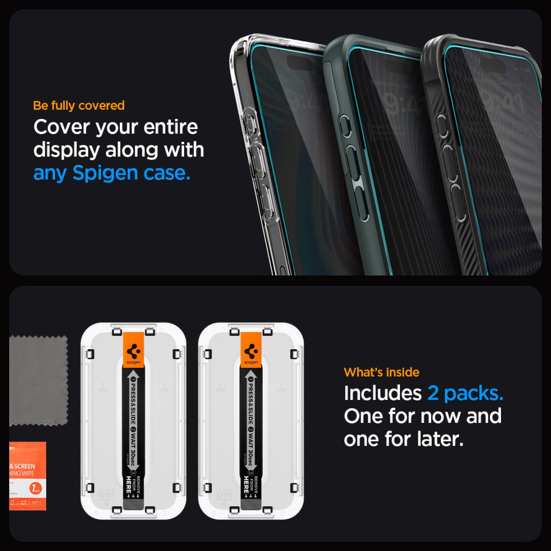 Spigen iPhone 15 Pro Max Screen Protector EZ FIT GLAS.tR Privacy Transparency (2 Pack)