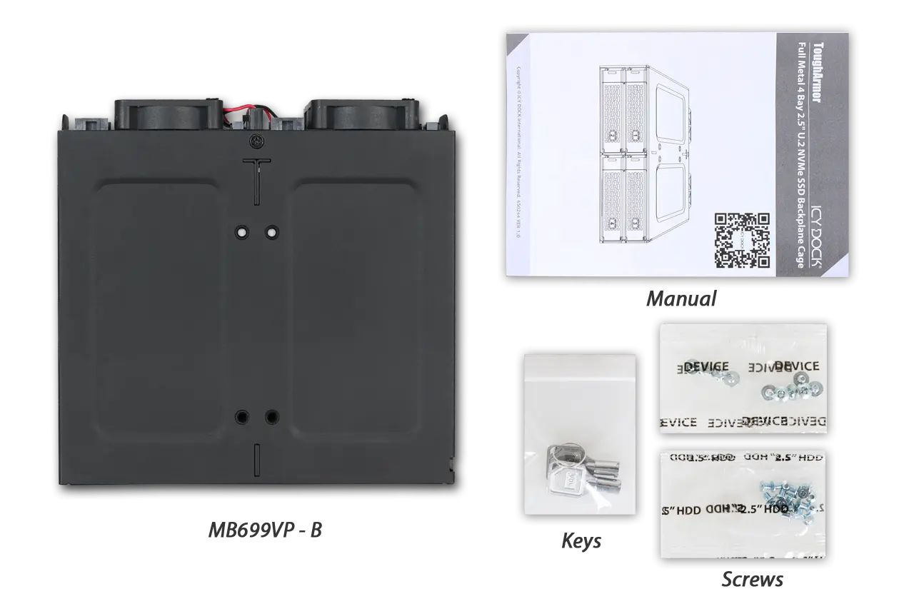 IcyDock ToughArmor MB699VP-B 4 Bay 2.5" U.2/U.3 NVMe SSD PCIe 4.0 Mobile Rack Enclosure for External 5.25" Drive Bay (4 x Mini-SAS HD SFF-8643, no Tri-mode support)