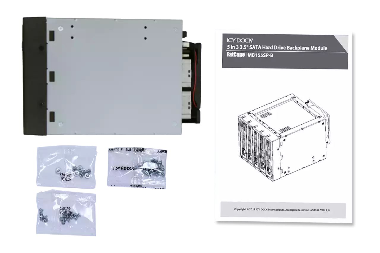 IcyDock FatCage MB155SP-B 5 Bay EZ-Tray 3.5" SATA Hard Drive Hot-Swap Backplane Cage in 3x External 5.25" Bay