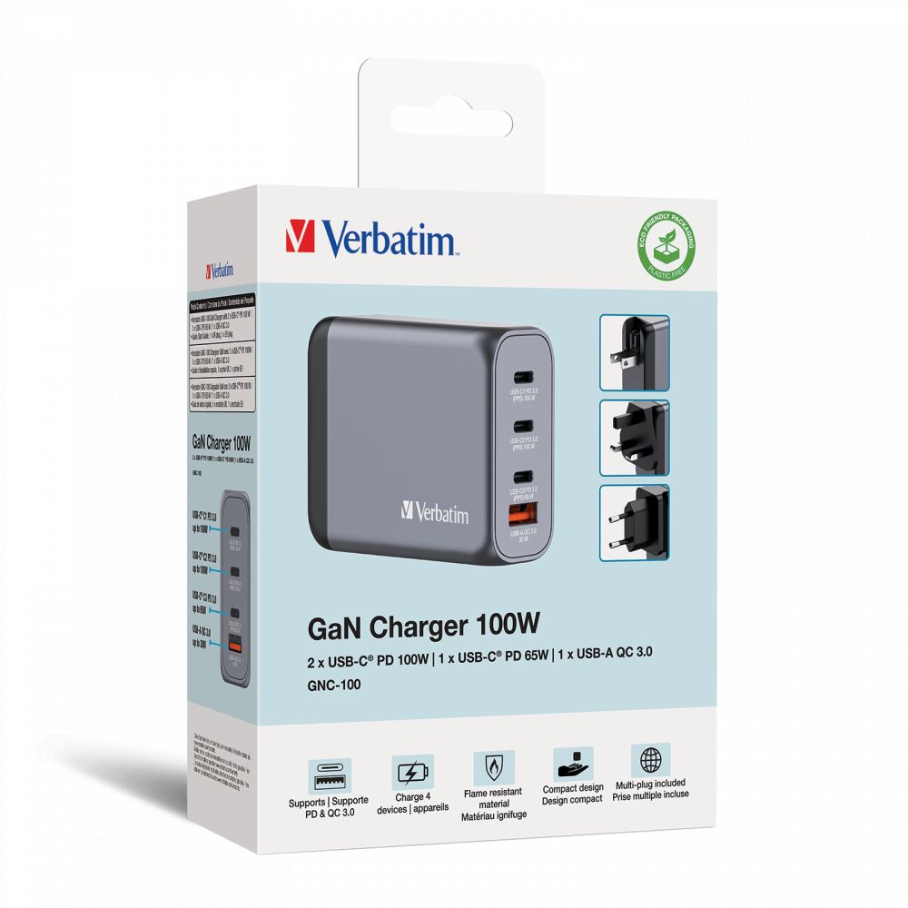 Verbatim 100W 4-Port GaN Wall Charger Grey