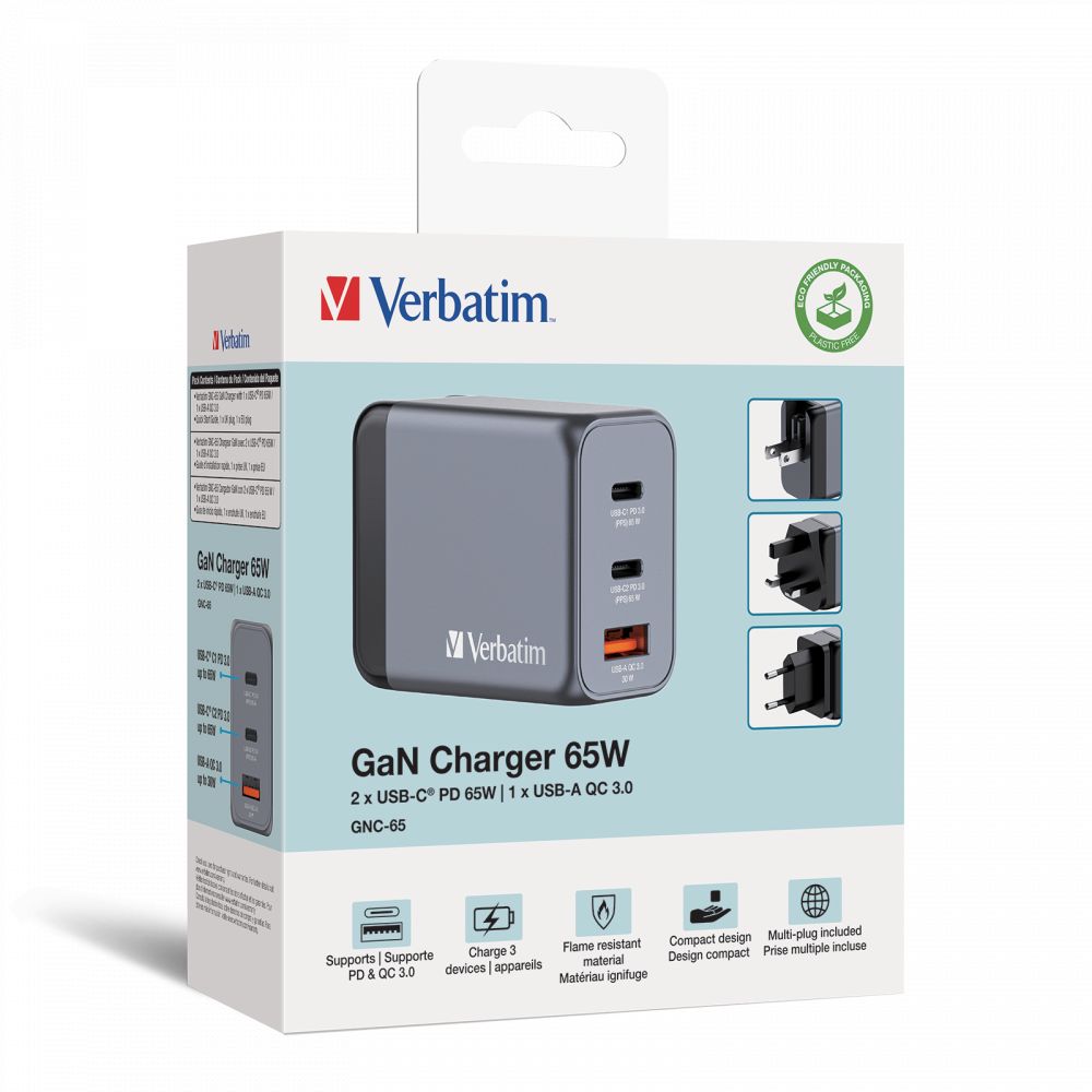 Verbatim 65W 3-Port GaN Wall Charger Grey