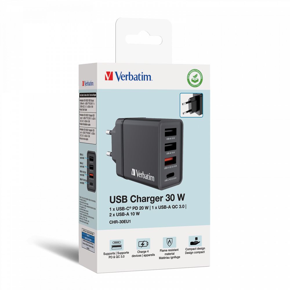 Verbatim 30W 4-Port USB Wall Charger Black