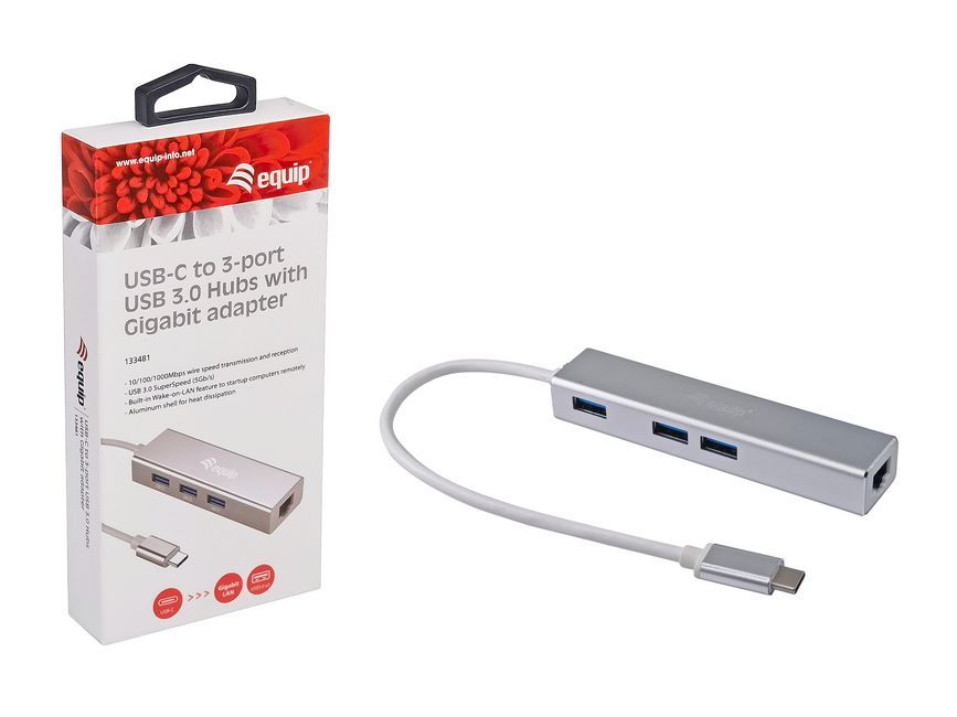 EQuip USB-C to 3-port USB 3.0 Hubs with Gigabit adapter