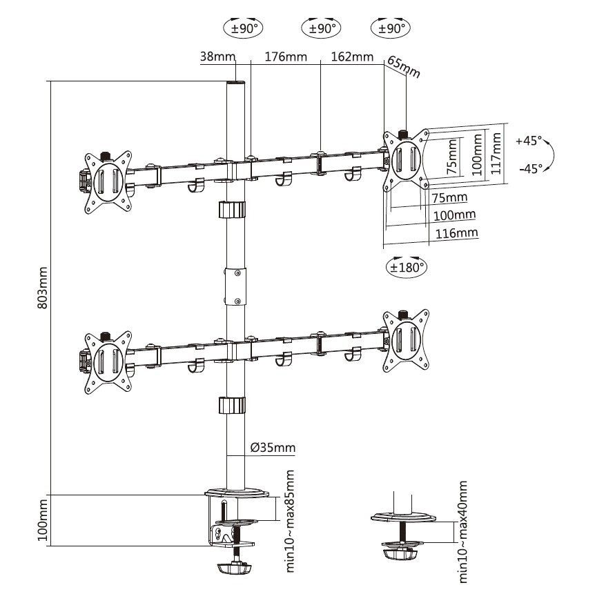 EQuip 17"-32" Articulating Quad Monitor Desk Mount Bracket Black