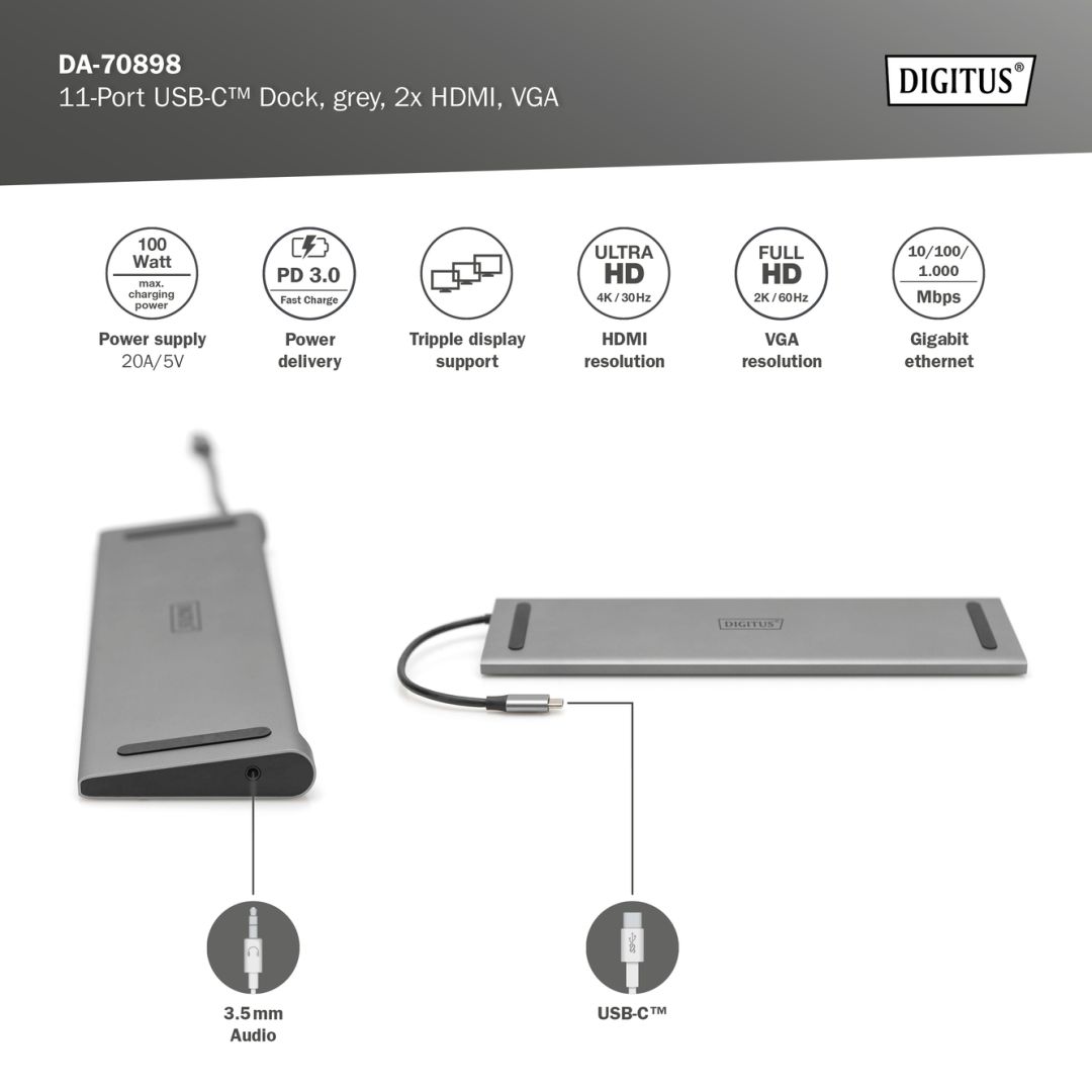 Digitus 11-Port USB-C Docking Station Grey