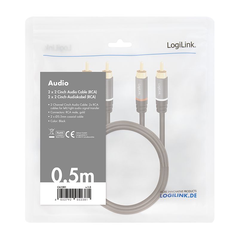 Logilink Audio cable 2x RCA/M to 2x RCA/M metal 0,5m Black