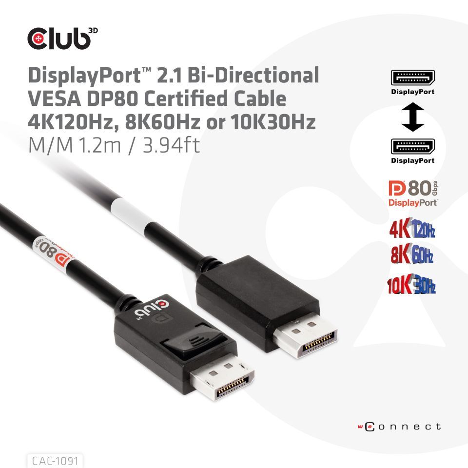 Club3D DisplayPort 2.1 Bi-Directional VESA DP80 4K120Hz 8K60Hz or 10K30Hz Certified Cable 1,2m Black