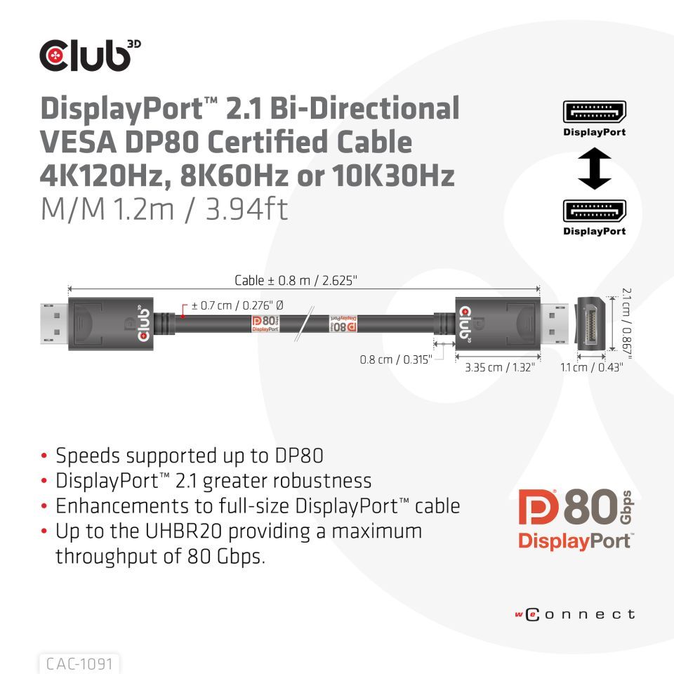 Club3D DisplayPort 2.1 Bi-Directional VESA DP80 4K120Hz 8K60Hz or 10K30Hz Certified Cable 1,2m Black