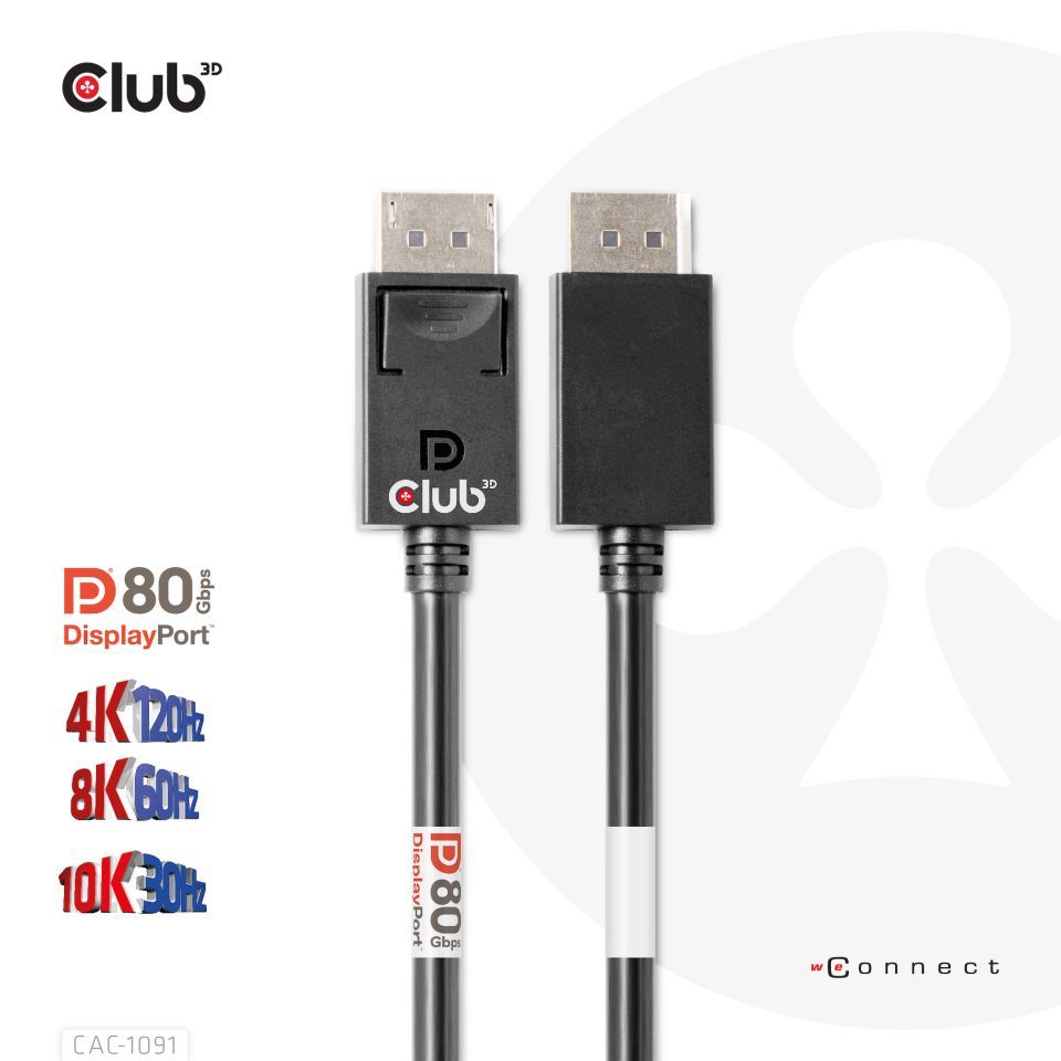 Club3D DisplayPort 2.1 Bi-Directional VESA DP80 4K120Hz 8K60Hz or 10K30Hz Certified Cable 1,2m Black