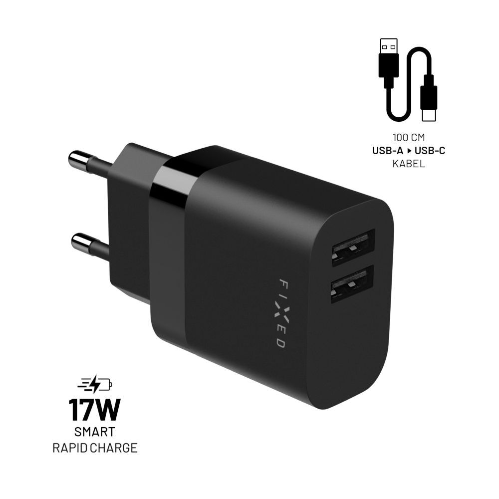 FIXED Dual USB Travel Charger 17W + USB/USB-C Cable Black