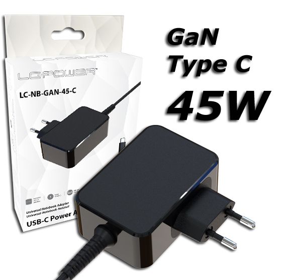 LC Power LC-NB-GAN-45-C 45W USB-C Notebook Power Adapter Black