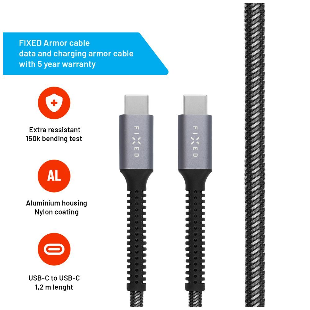 FIXED Armor Cable USB-C/USB-C 1.2 m 240W gray