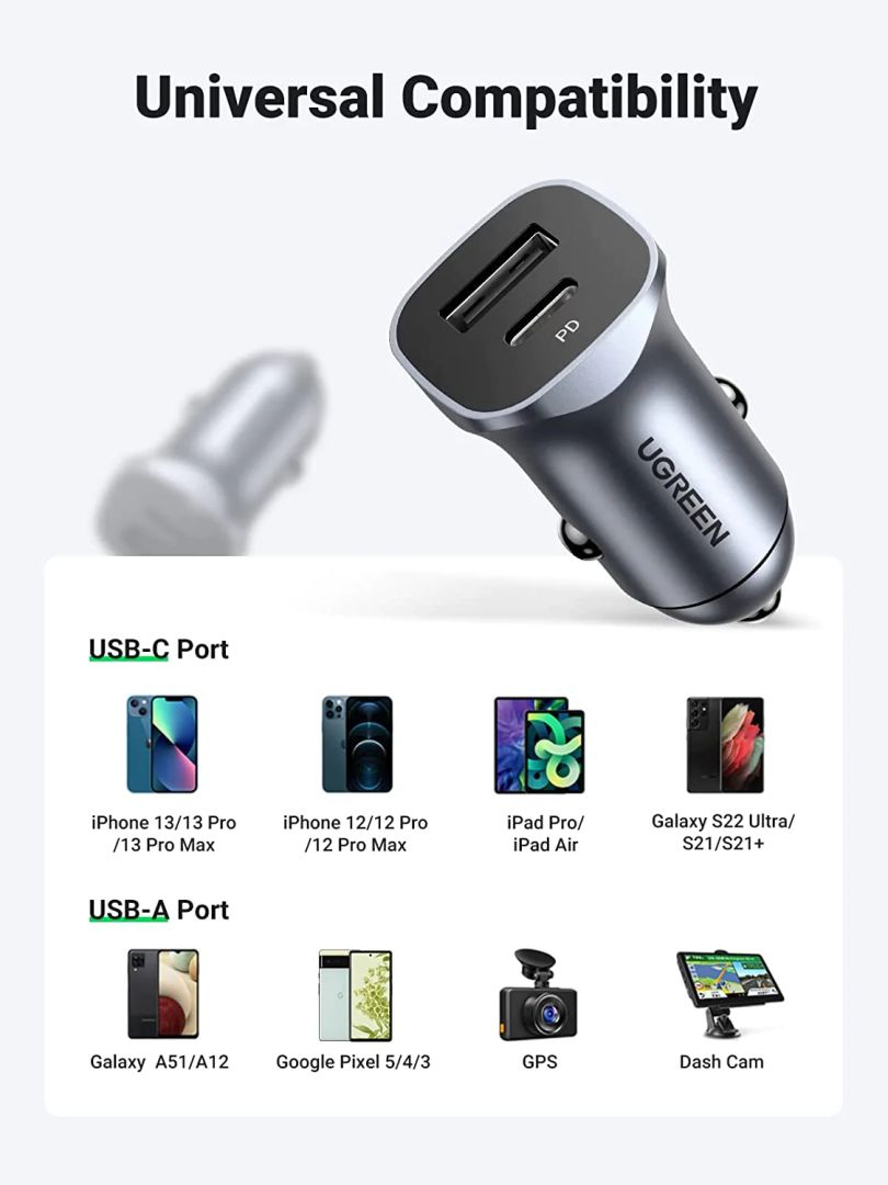 UGREEN 24W USB-C Car Charger with PD & QC 3.0 Dual Ports Space Gray