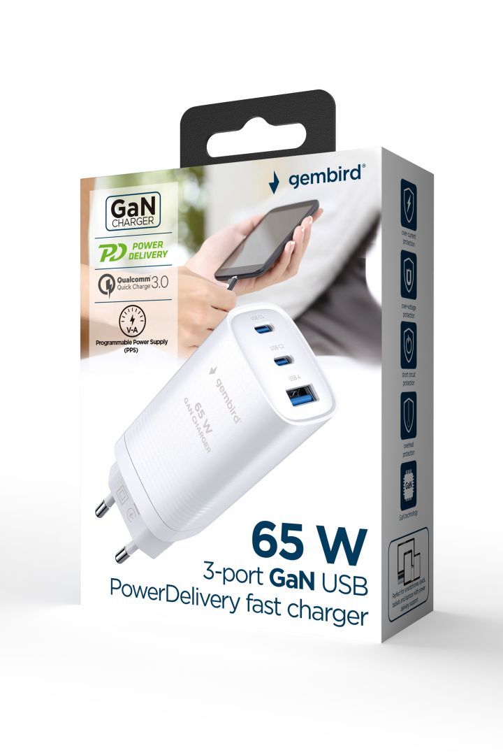 Gembird 3-port 65W GaN USB PowerDelivery fast charger White