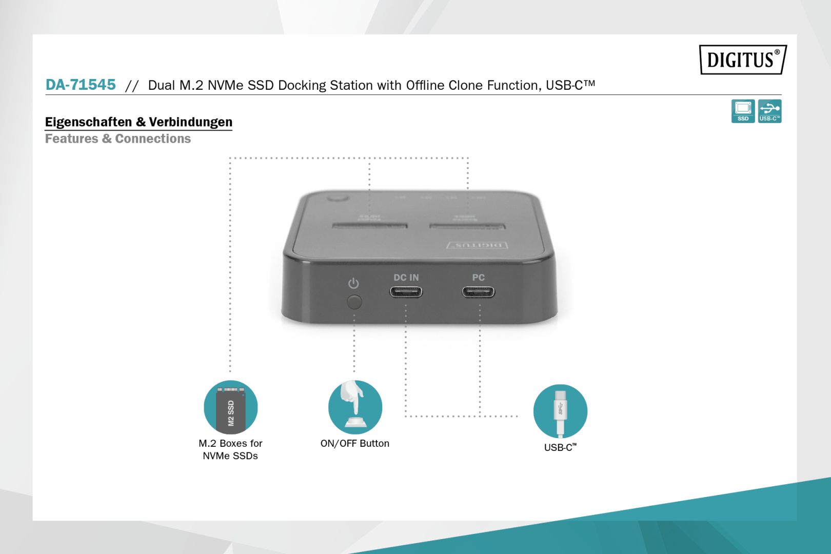 Digitus Dual M.2 NVMe SSD Docking Station with Offline Clone Function USB-C Black