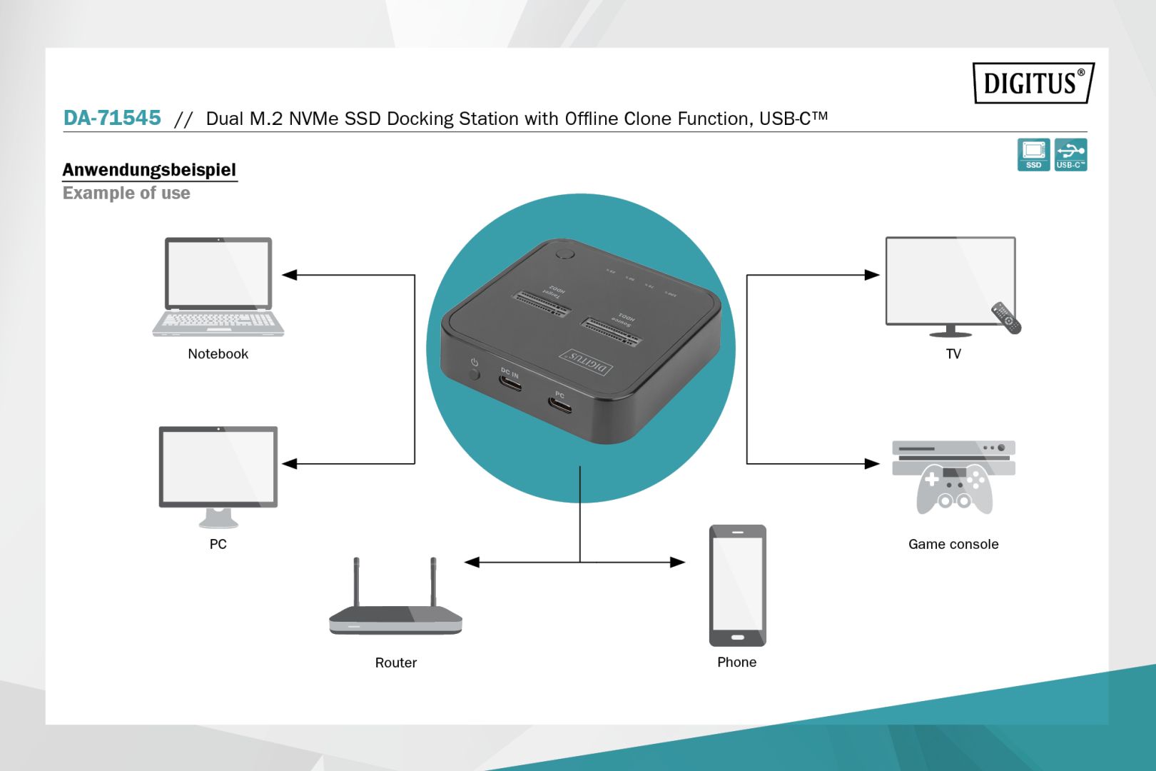 Digitus Dual M.2 NVMe SSD Docking Station with Offline Clone Function USB-C Black