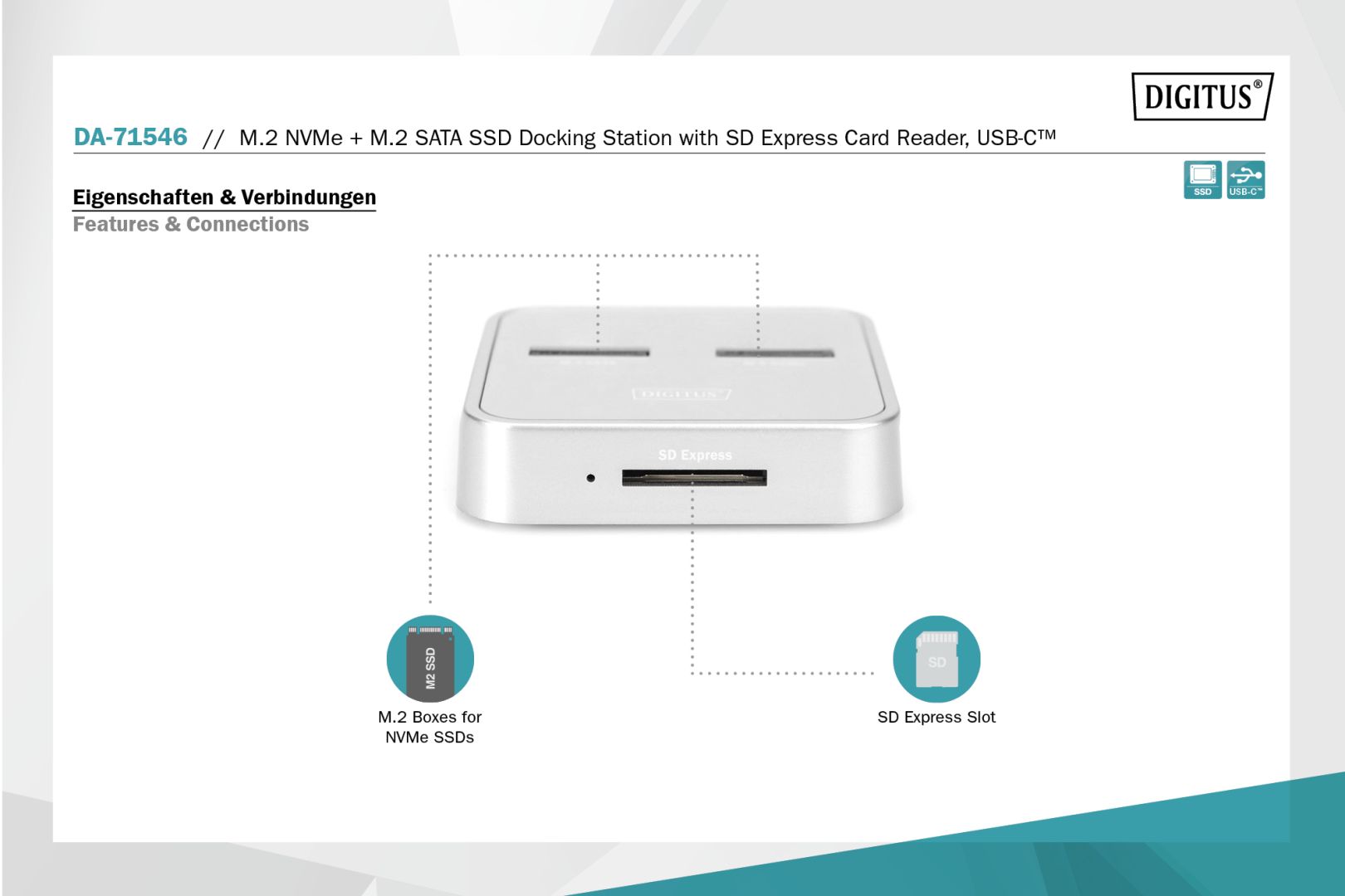 Digitus M.2 NVMe + M.2 SATA SSD Docking Station with SD Express Card Reader USB-C White