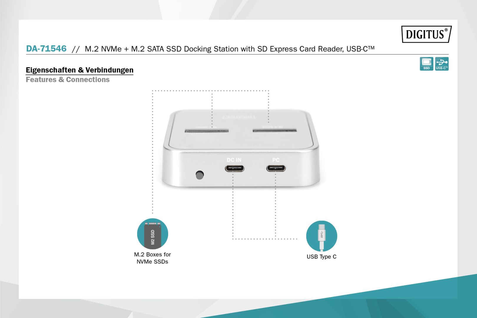 Digitus M.2 NVMe + M.2 SATA SSD Docking Station with SD Express Card Reader USB-C White