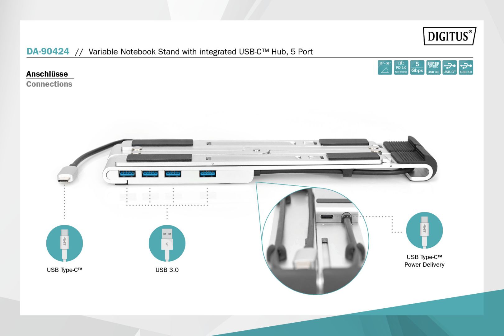 Digitus Notebook Stand with integrated USB-C Hub 5-Port Silver