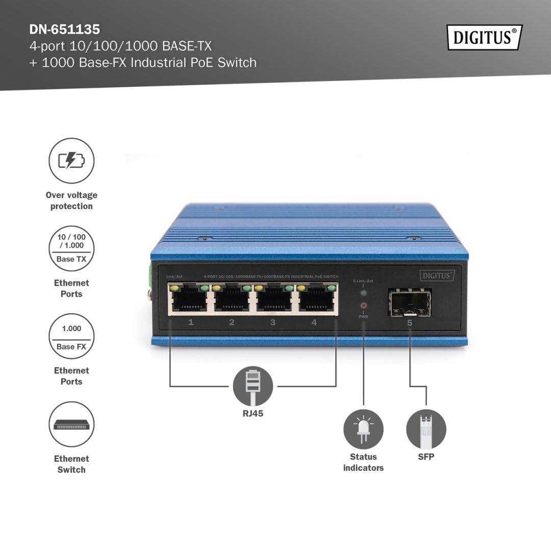 Digitus DN-651135 4 Port Gigabit Ethernet Network PoE Switch Industrial Unmanaged 1 SFP Uplink