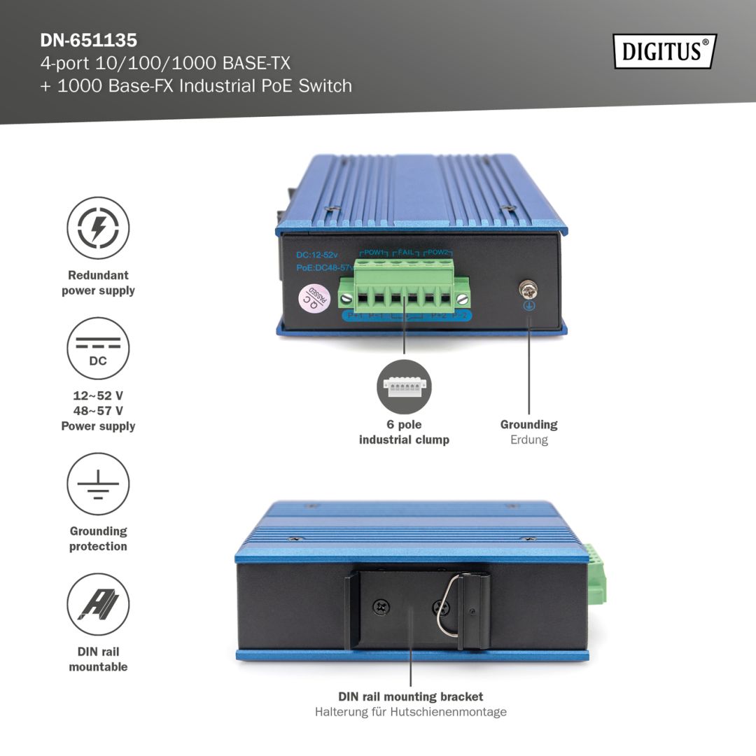 Digitus DN-651135 4 Port Gigabit Ethernet Network PoE Switch Industrial Unmanaged 1 SFP Uplink