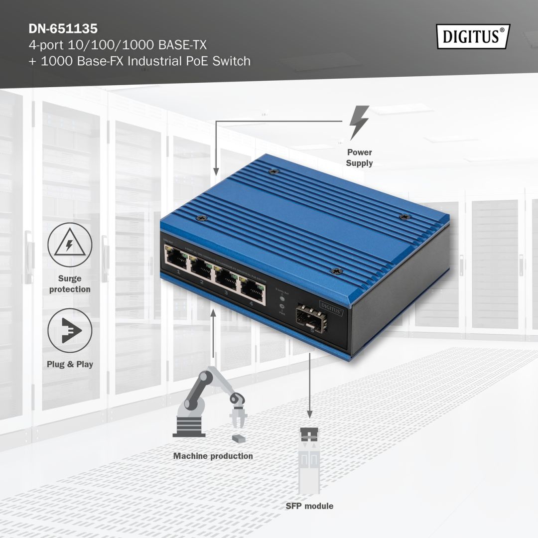 Digitus DN-651135 4 Port Gigabit Ethernet Network PoE Switch Industrial Unmanaged 1 SFP Uplink