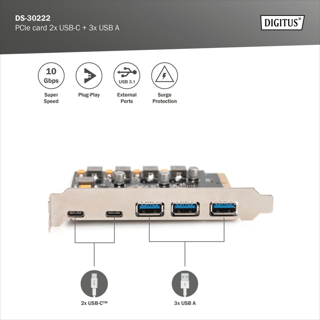 Digitus PCIe card 2x USB-C + 3x USB A 5x SuperSpeed 10Gbps