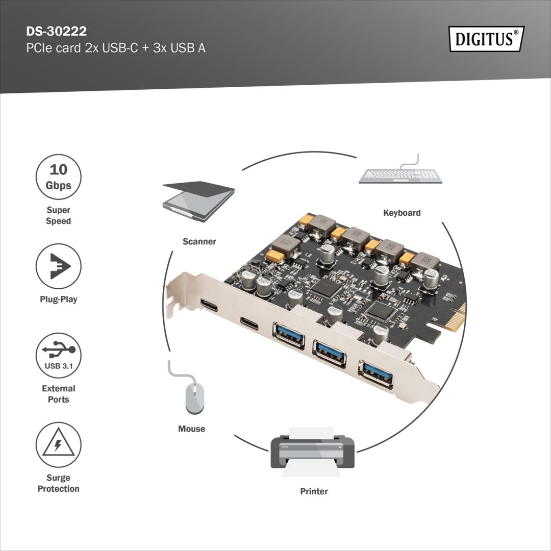 Digitus PCIe card 2x USB-C + 3x USB A 5x SuperSpeed 10Gbps