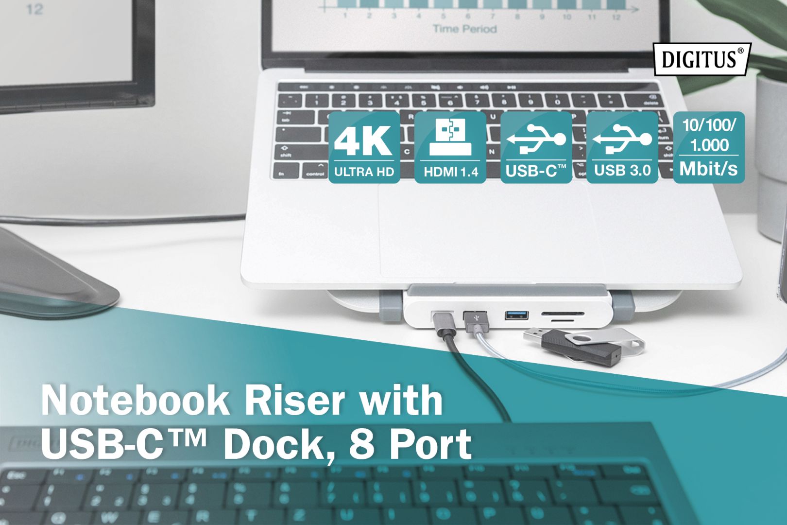 Digitus Variable Notebook Stand with integrated USB-C Docking Station 8 Port silver/white