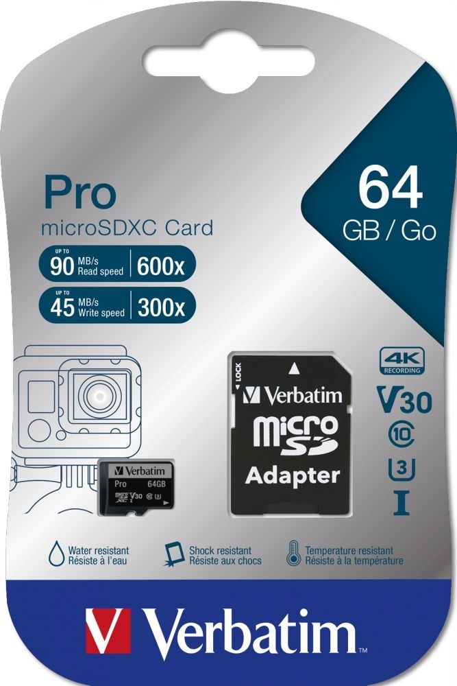 Verbatim 64GB MicroSDXC Pro U3 Class 10 + adapterrel